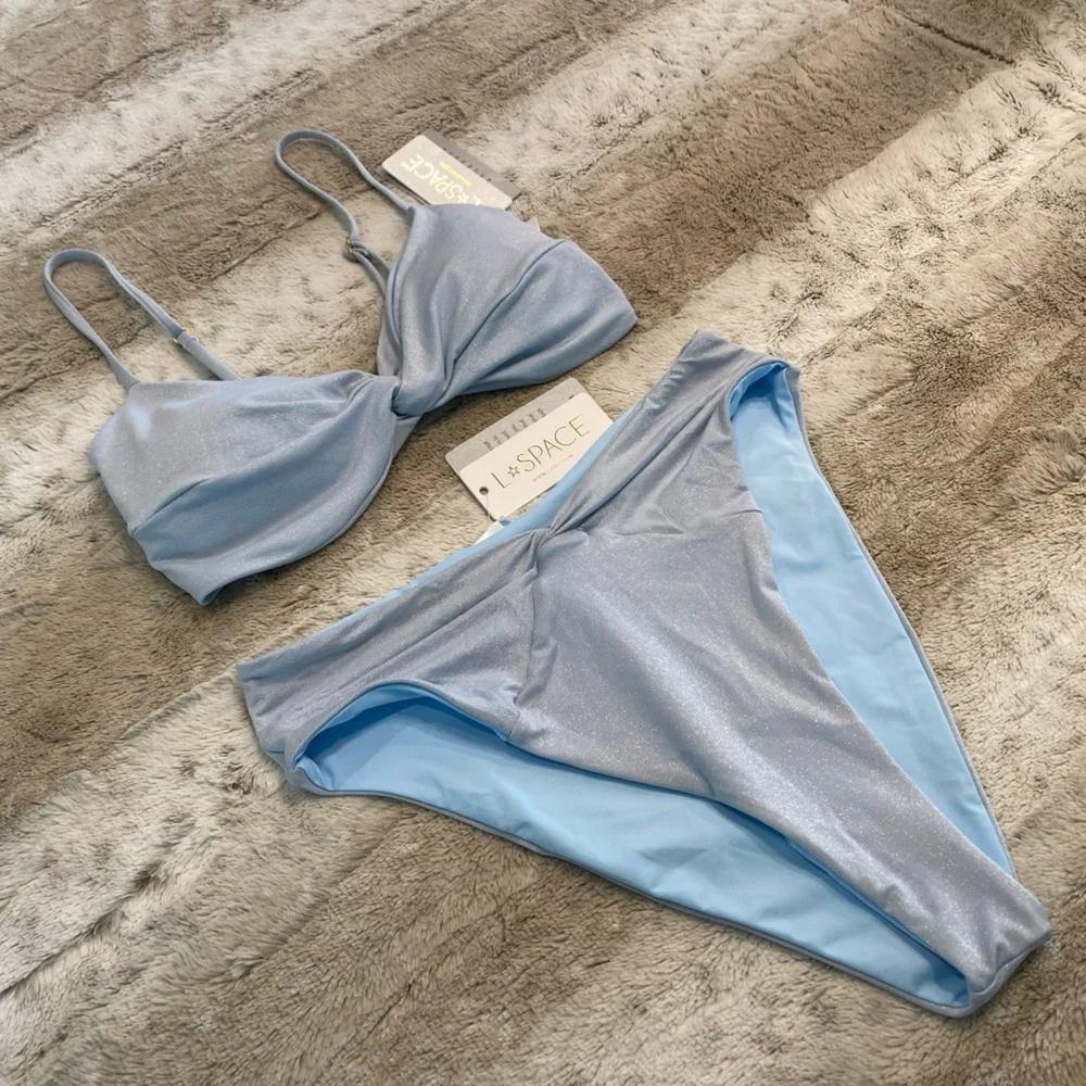 NWT💕L*SPACE Shimmer Ringo Bikini Top & Nancy Lee Bitsy Swim Bottoms in Sky Blue
